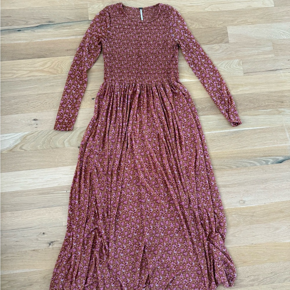 Free People Long Sleeve Dress in Brown and Pink
